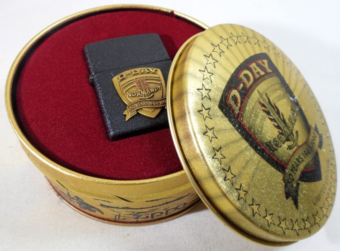 UNFIRED D-DAY 50 YEARS ZIPPO: 1991, IN ITS ORIGINAL TIN CASE, UNFIRED, D-DAY NORMANDY 50 YEARS 1944-1994 LIMITED EDITION
