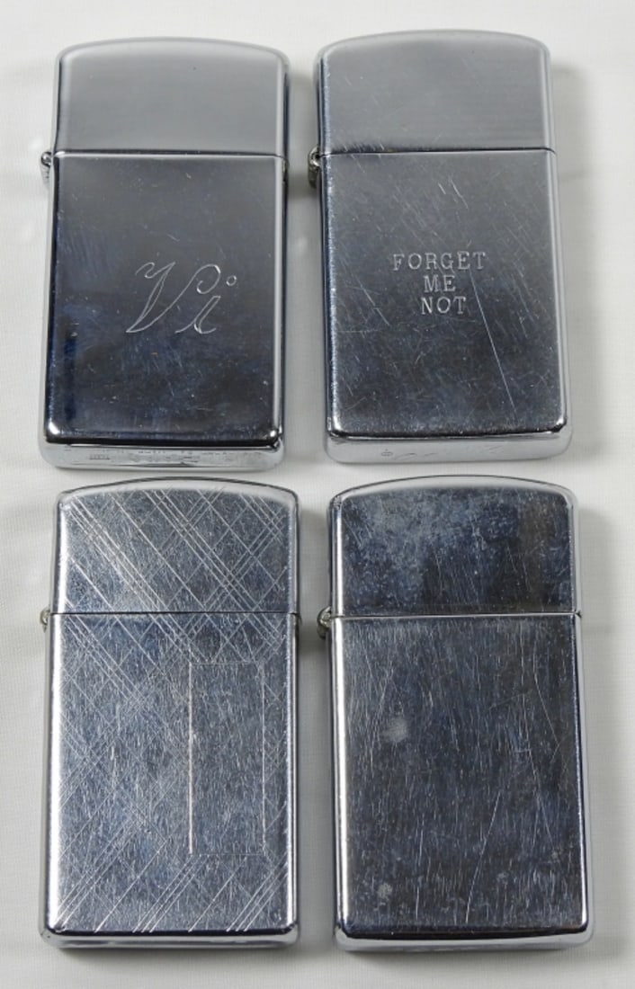 (4) SILVER CHROME ZIPPO LOT: 4 SILVER CHROME SLIM ZIPPOS. ALL HAVE BEEN FIRED