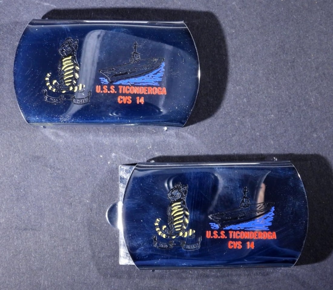 (2) ZIPPO BELT BUCKLES: U.S.S. TICONDEROGA CVS 14 SHIP AND LOT ETCHED ON THE FRONT