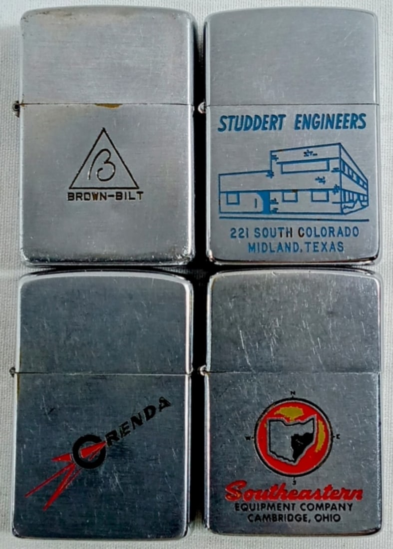 3 FIRED, 1 UNFIRED ADVERTISING ZIPPOS: 3 FIRED AND 1 UNFIRED, 1- UNFIRED BROWN-BILT PAT PENDING 2032695 INSERT DOES NOT MATCH, 1- ORENDA 1950 NIAGARA FALLS, ONTARIO INSERT MATCHES, 1- STUDDERT ENGINEERS PAT PENDING 2517191 INSERTS MATCH, 1