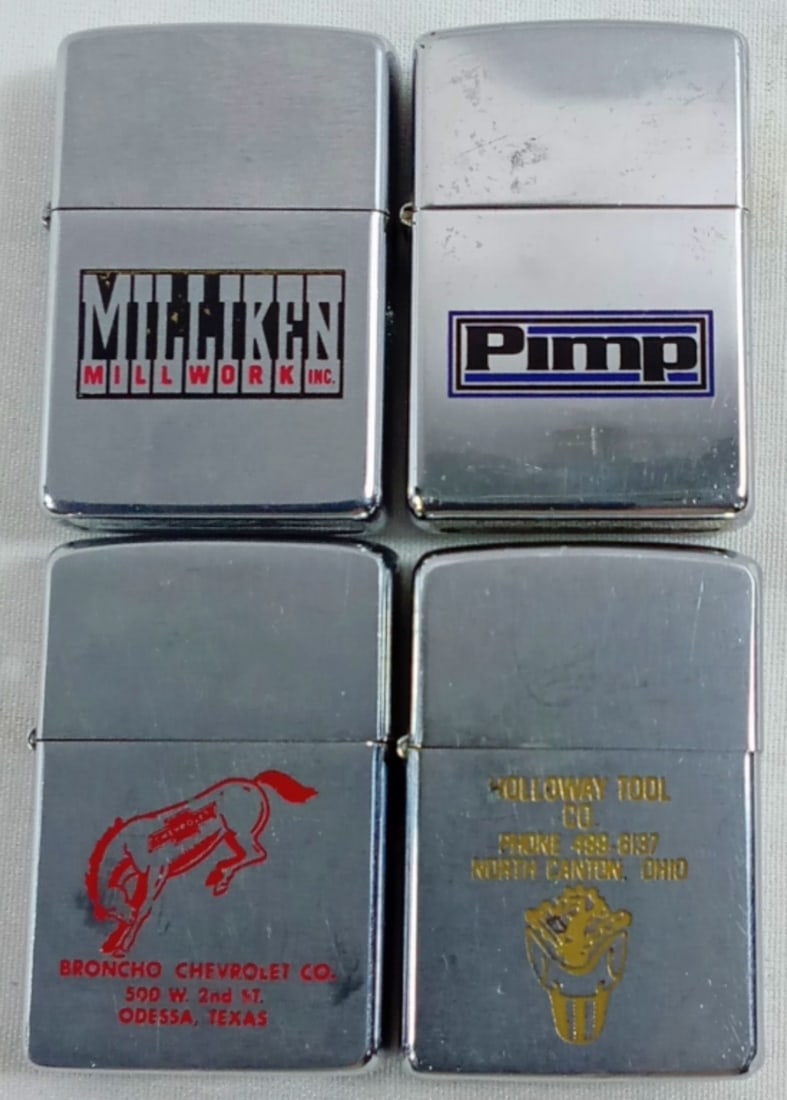 4 FIRED ADVERTISING ZIPPOS: ALL FIRED, 1- 1998 PIMP, 1-1970 HOLLOWAY TOOL CO., 1 PAT PENDING 2517191 BRONCHO CHEVROLET CO., 1973 MILLIKEN MILLWORK INC