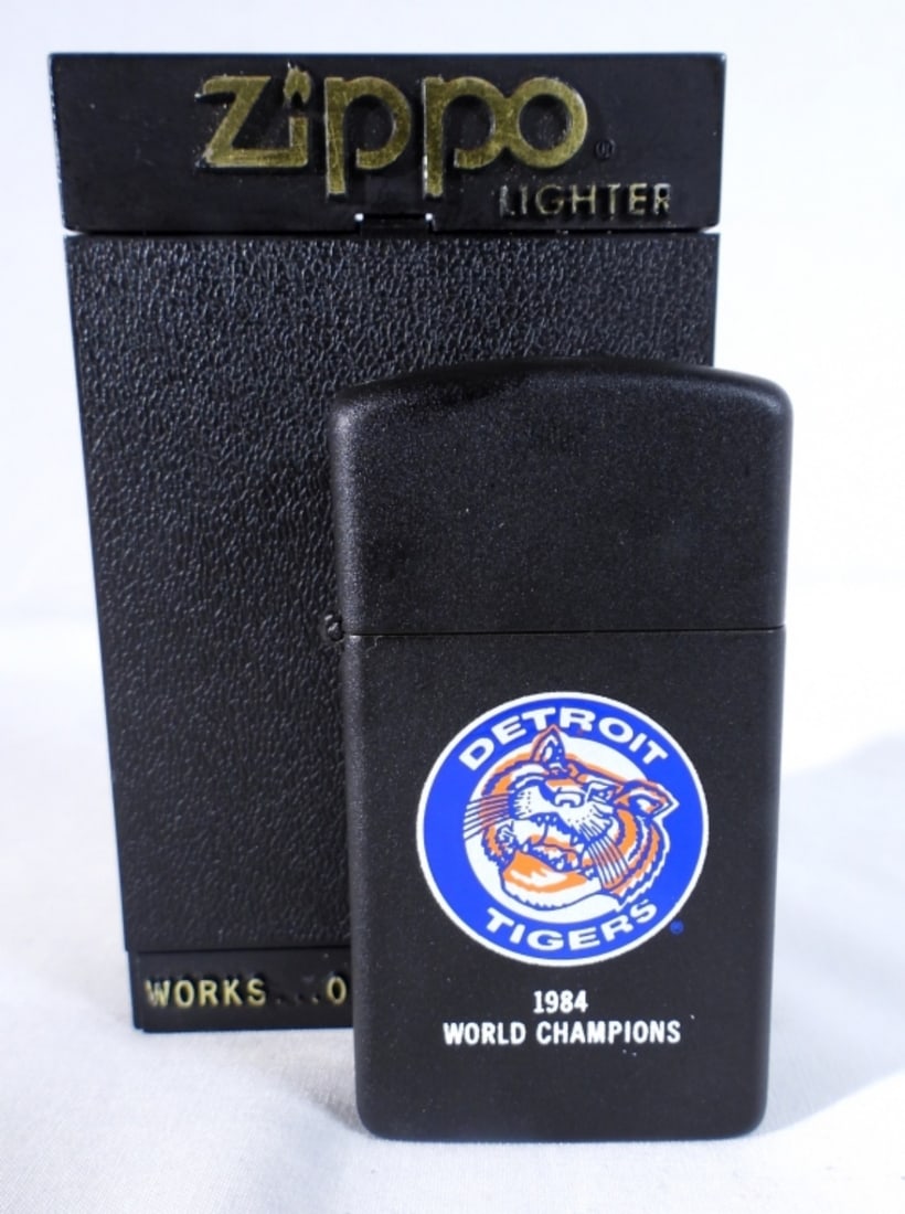 1984 UNFIRED DETROIT TIGERS SLIM ZIPPO: 1984 WORLD CHAMPIONS MATTE BLACK DETROIT TIGERS