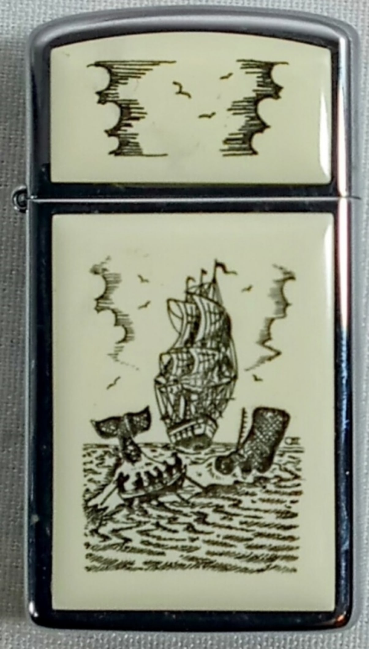 1989 UNFIRED SCRIMSHAW SHIP ZIPPO SLIM: IN A ZIPPO BOX, UNFIRED