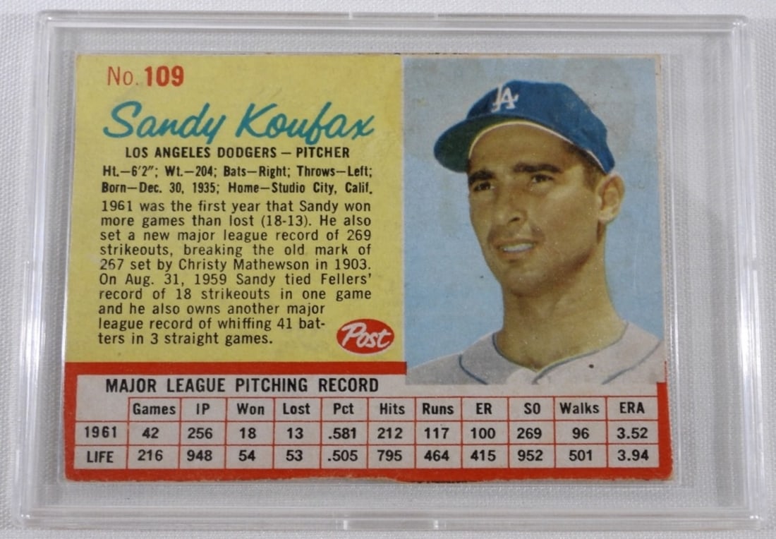 1962 #109 Post Cereal Sandy Koufax: VG Hand cut in hard plastic sleeve, Los Angeles Dodgers Pitcher