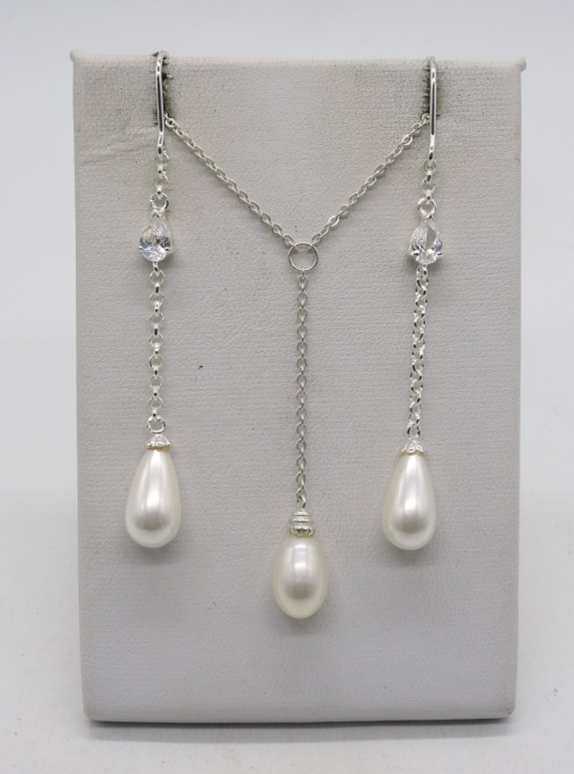 STERLING PEARL DROP EARRINGS & NECKLACE (1 of 2)
