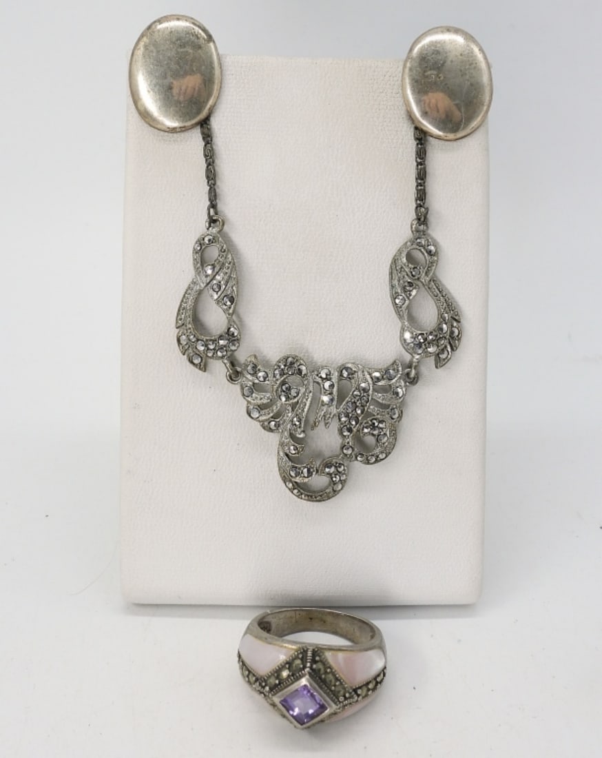 MARCASITE STERLING NECKLACE RING SET: STERLING MARCASITE NECKLACE, 18". RING SIZE 7. CLIP ON STERLING EARRINGS. (13.9 DWT)