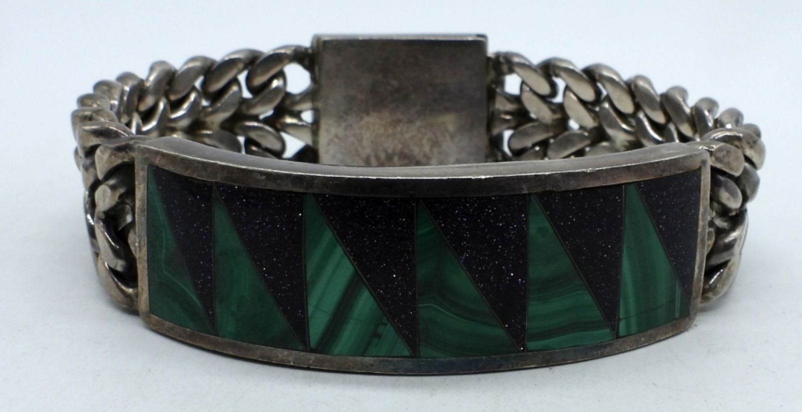 TAXCO MALACHITE GOLD STONE BRACELET: VINTAGE STERLING, TAXCO TO-71 MEXICO 925. MALACHITE & BLACK GOLD STONE INLAID GEMSTONES. 8" LONG. 1" WIDE. (68 DWT)
