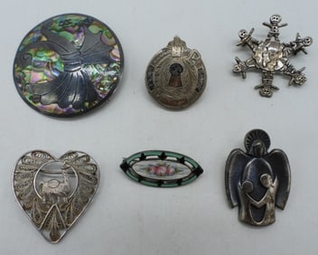 (6) STERLING BROOCHES, ABALONE, ENAMEL