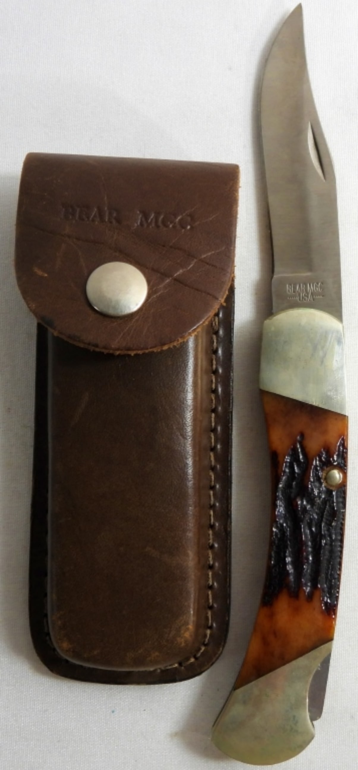 Bear MGC Cutlery: Like new in box Bear MGC Cutlery lock-back pocket knife 5" bone handle with sheath