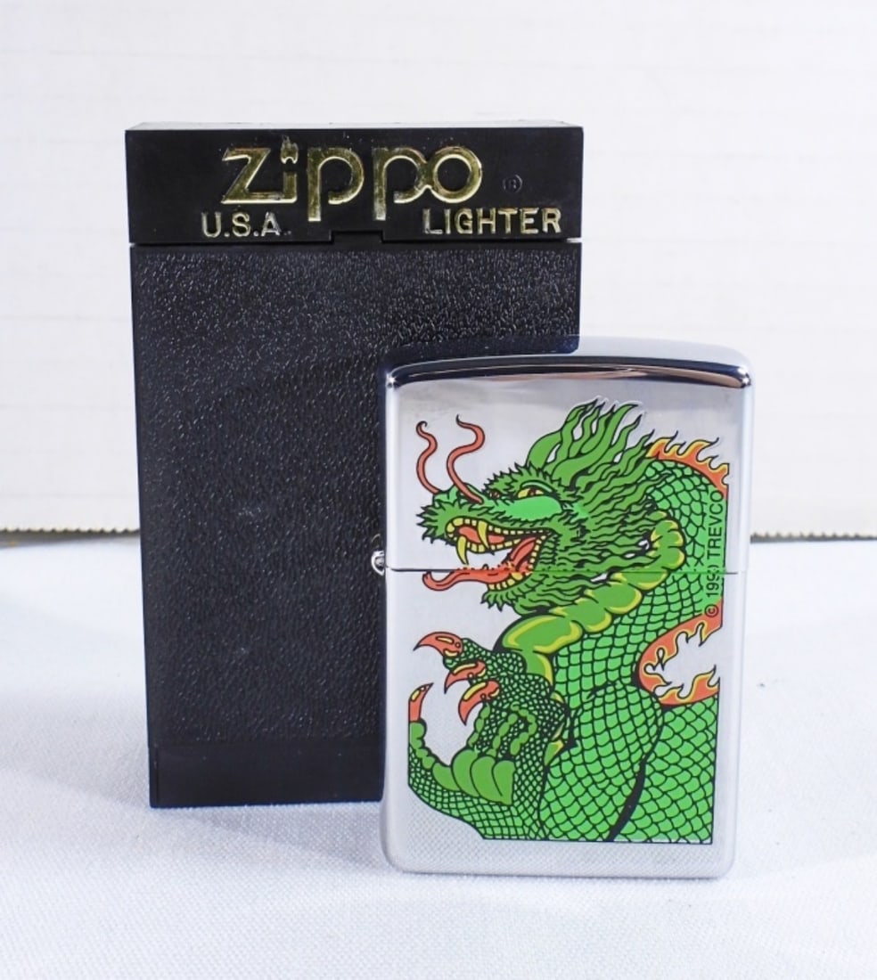 1995 Unfired Zippo Green Dragon: In a box, unfired