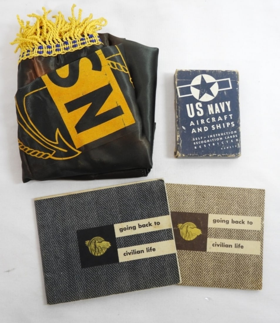 U.S. Navy Aircraft & Ship Cards Plus More: 1 set of US Navy Aircraft & Ships Self-Instruction Recognition Cards, Going back to civilian life handbooks, USN Silk Banner.