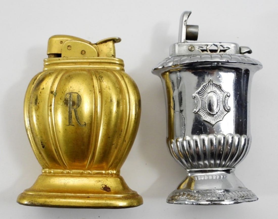 (2) Silver & Gold Tone Table Lighters: Vintage, engraved. Small table lighters, have been fired