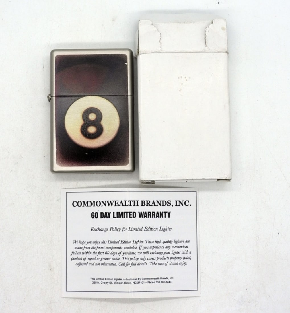 Unfired Eight Ball Lighter in Box: Unfired Eight Ball lighter by Commonwealth. In original box with paperwork