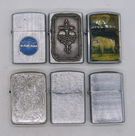 6 Silver Tone Flip Top Lighters