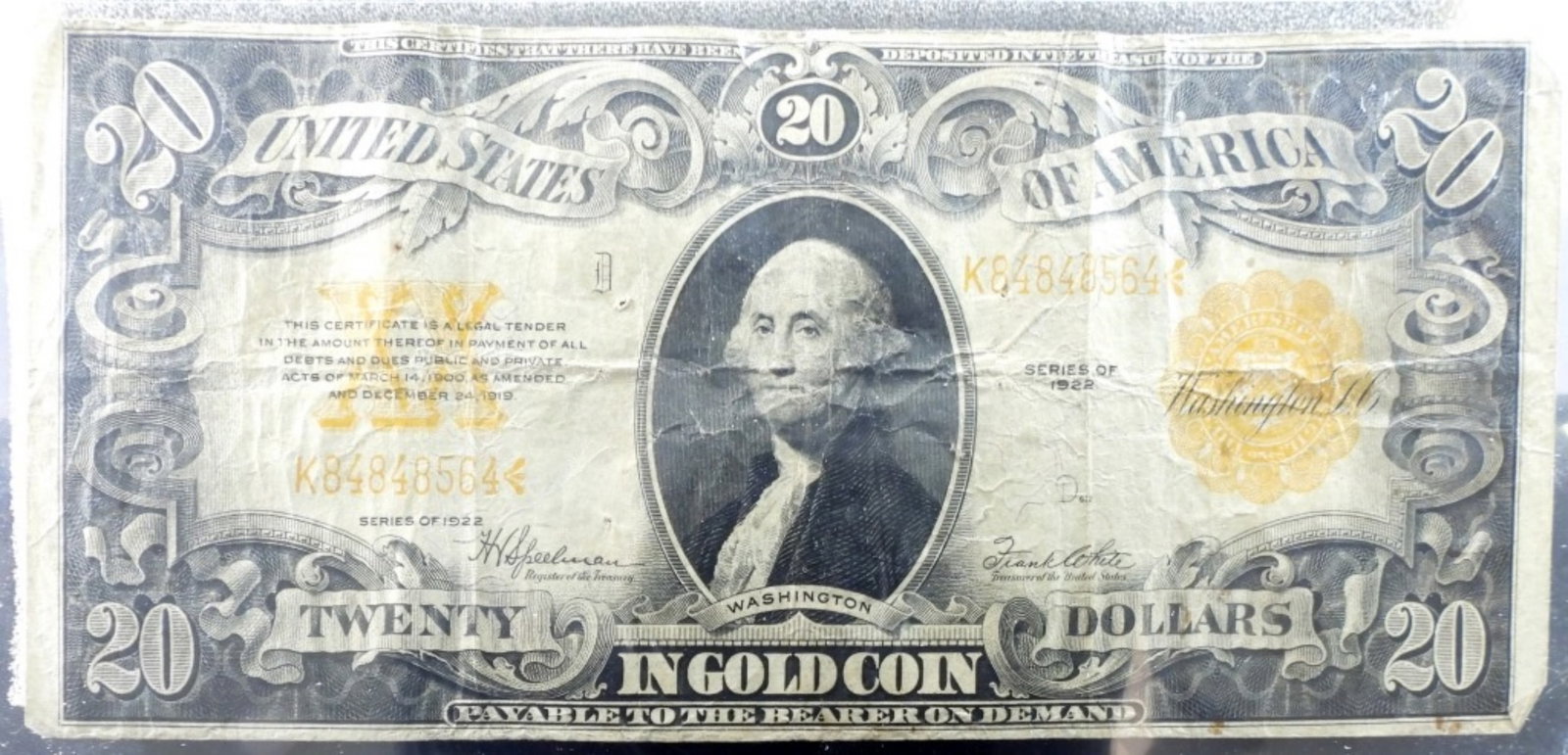 1922 $20 Washington, D.C. Obsolete: With orange ink