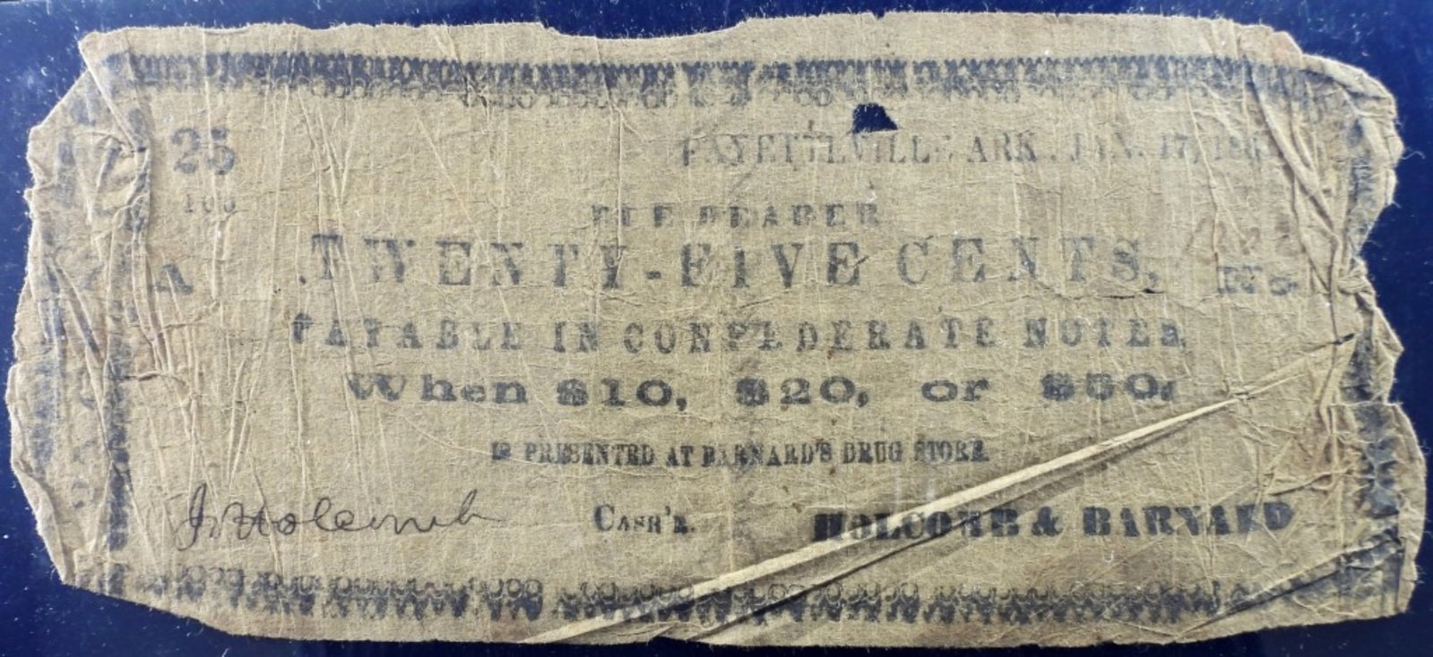 1867 $.25 Fayettlville, AR Confederate Note: Obsolete