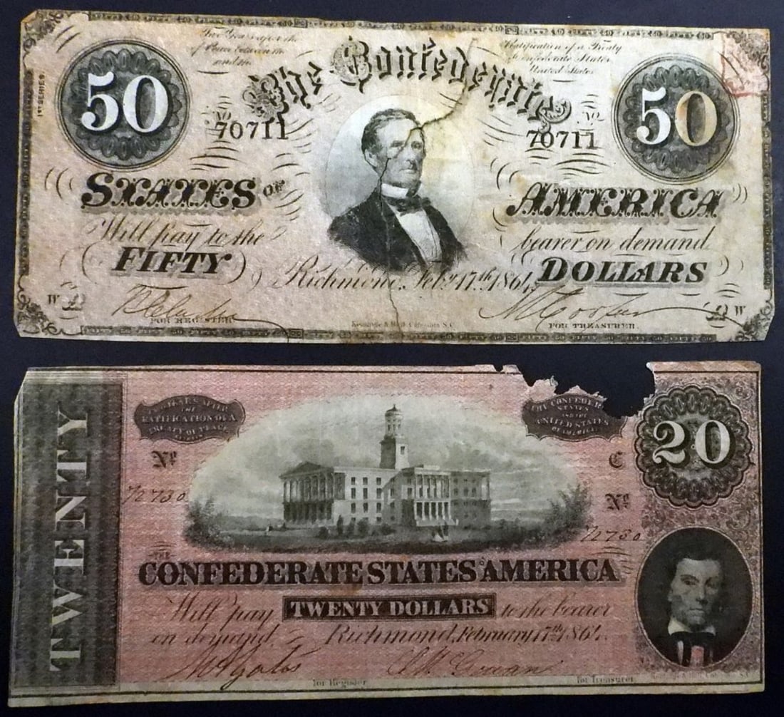 (2) Heavily Circulated Confederate Bills (1 of 2)