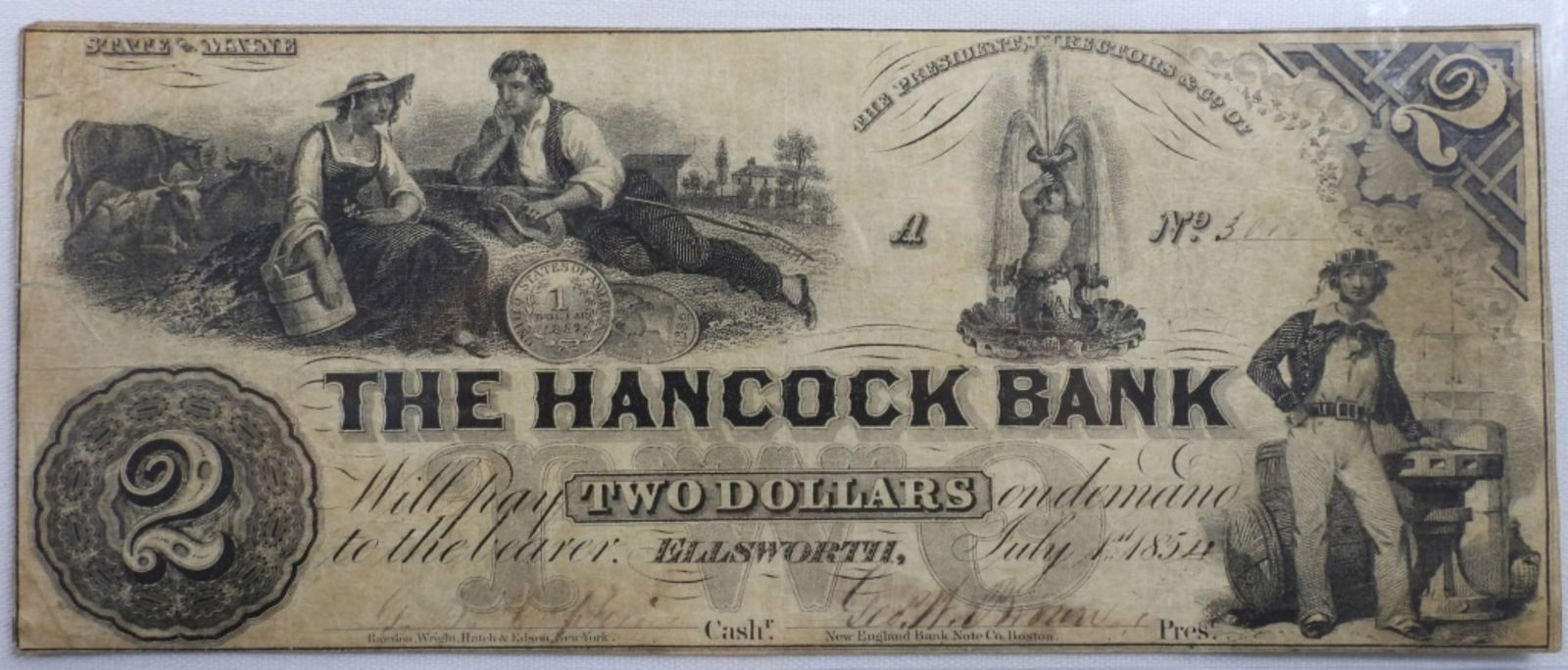 The Hancock Bank $2 Large Bill 1854 - Maine: The Hancock Bank - Ellsworth Maine. Two Dollar Bill - Large Bill. No 3016 (hard to read).