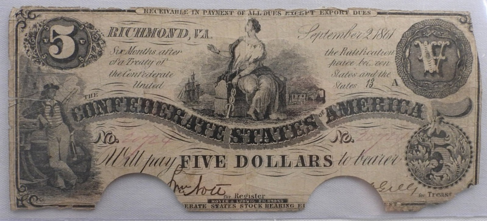 Cancelled CSA $5 Large Bill - 1861: Cancelled Confederate States of America $5 Large Bill. Richmond Virginia. No 20424