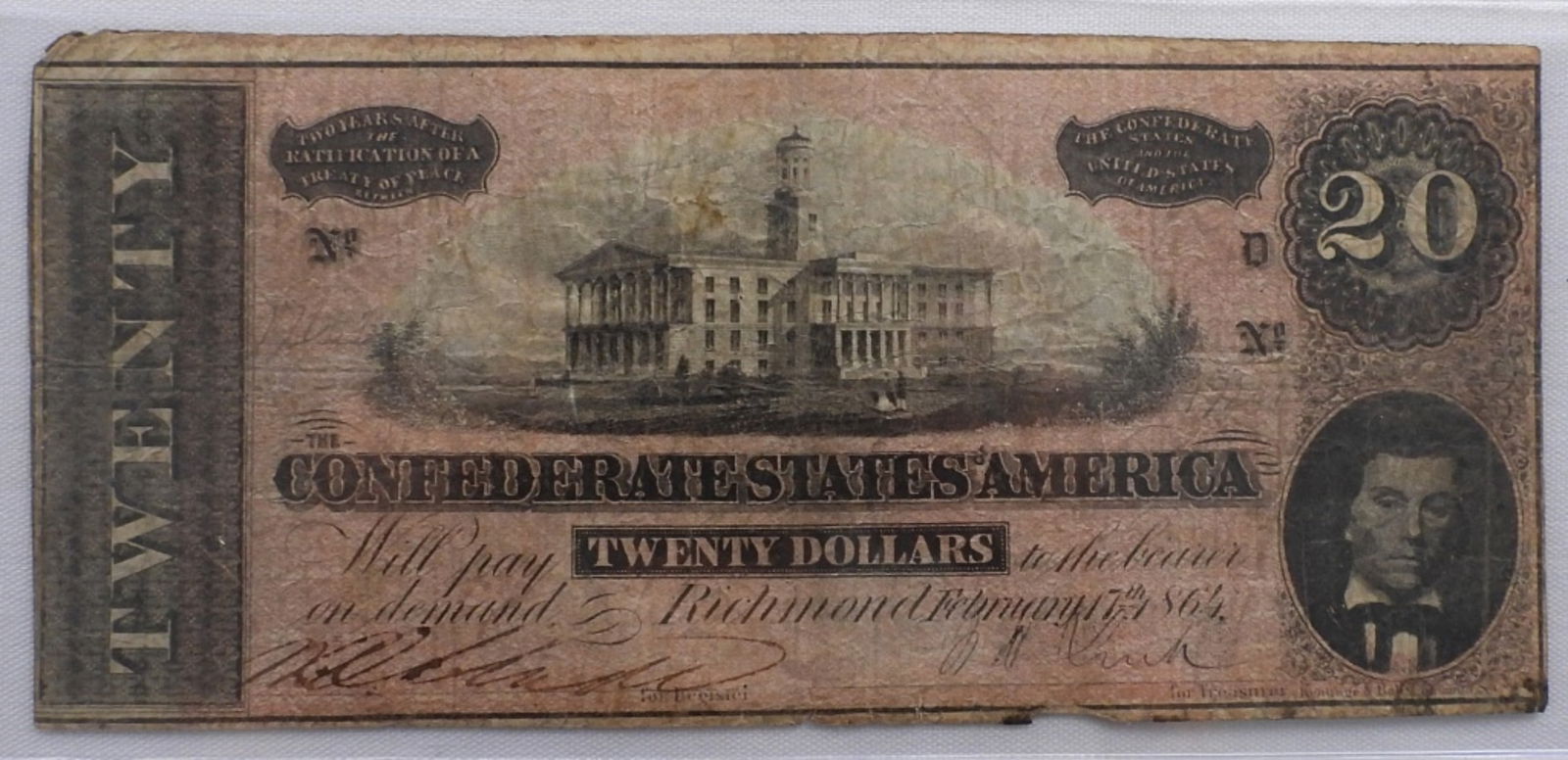 Confederate 1864 $20 Large Bill (1 of 2)