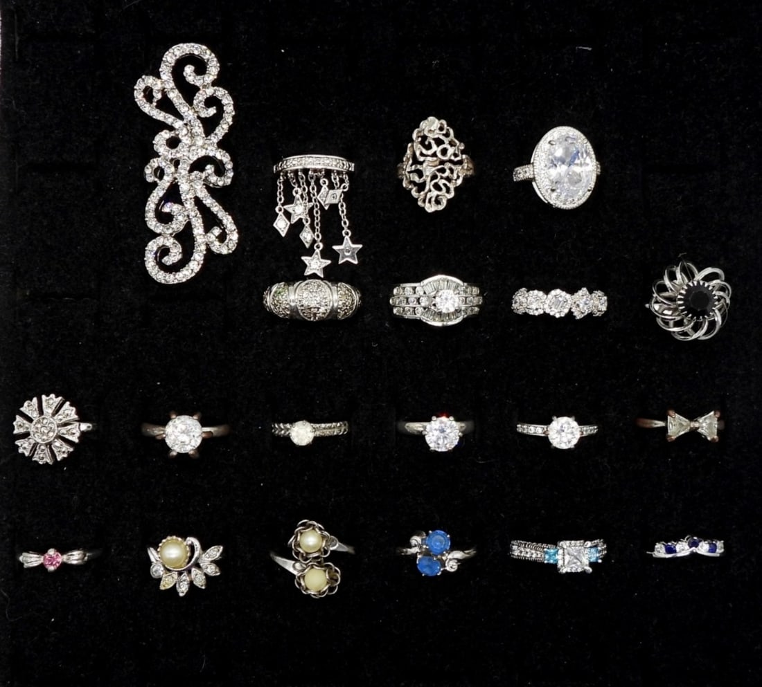 20 Shining Silver Tone Rings: variety of sizes, faux pearls, faux diamonds