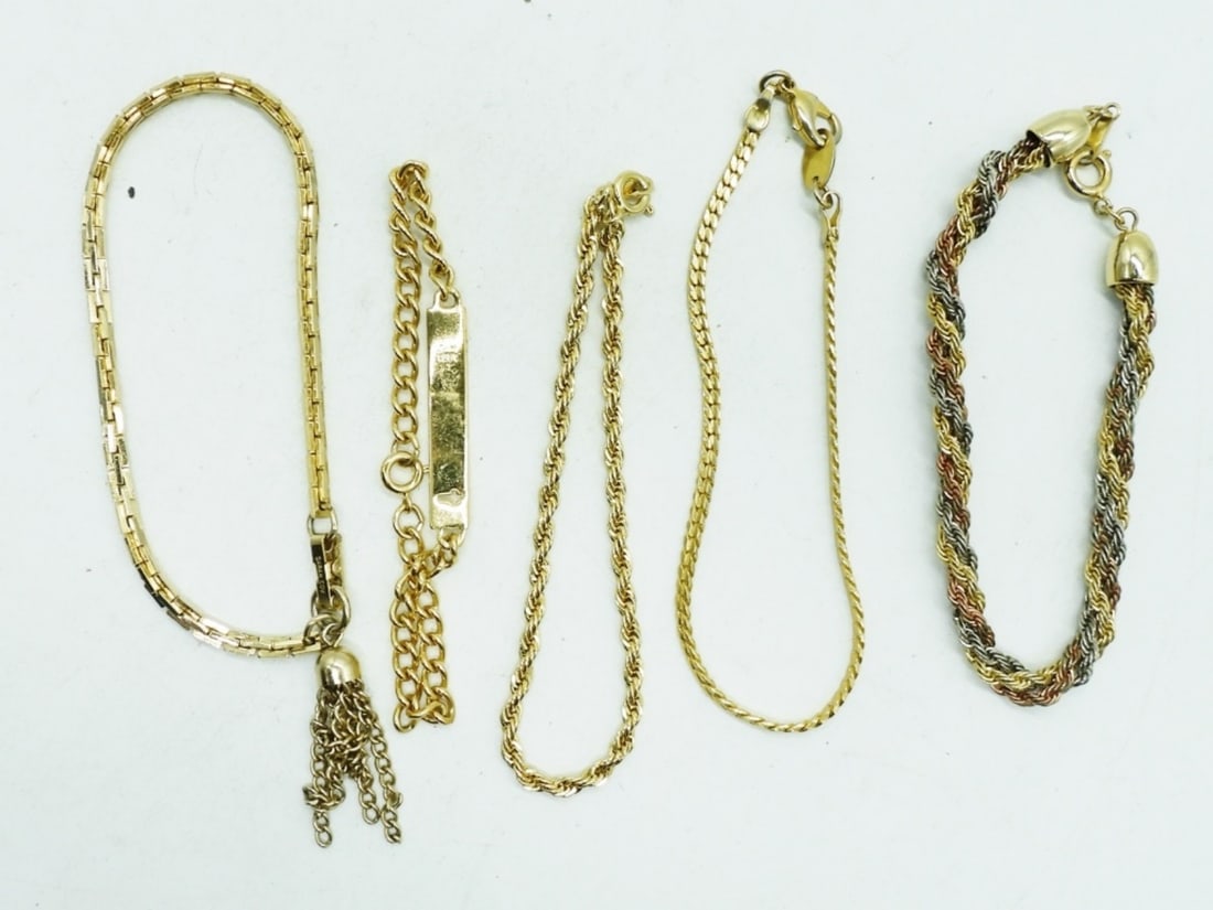 5 Gold-Toned Chain Bracelets: about 6" each, various styles of chain links