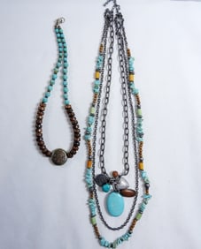 2 Turquoise And Wood Bead Necklaces