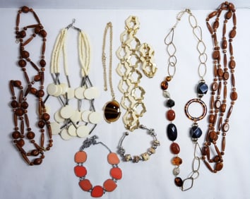 7 Brown And Tan necklaces And One Bracelet