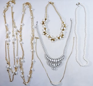6 White Beaded Necklaces