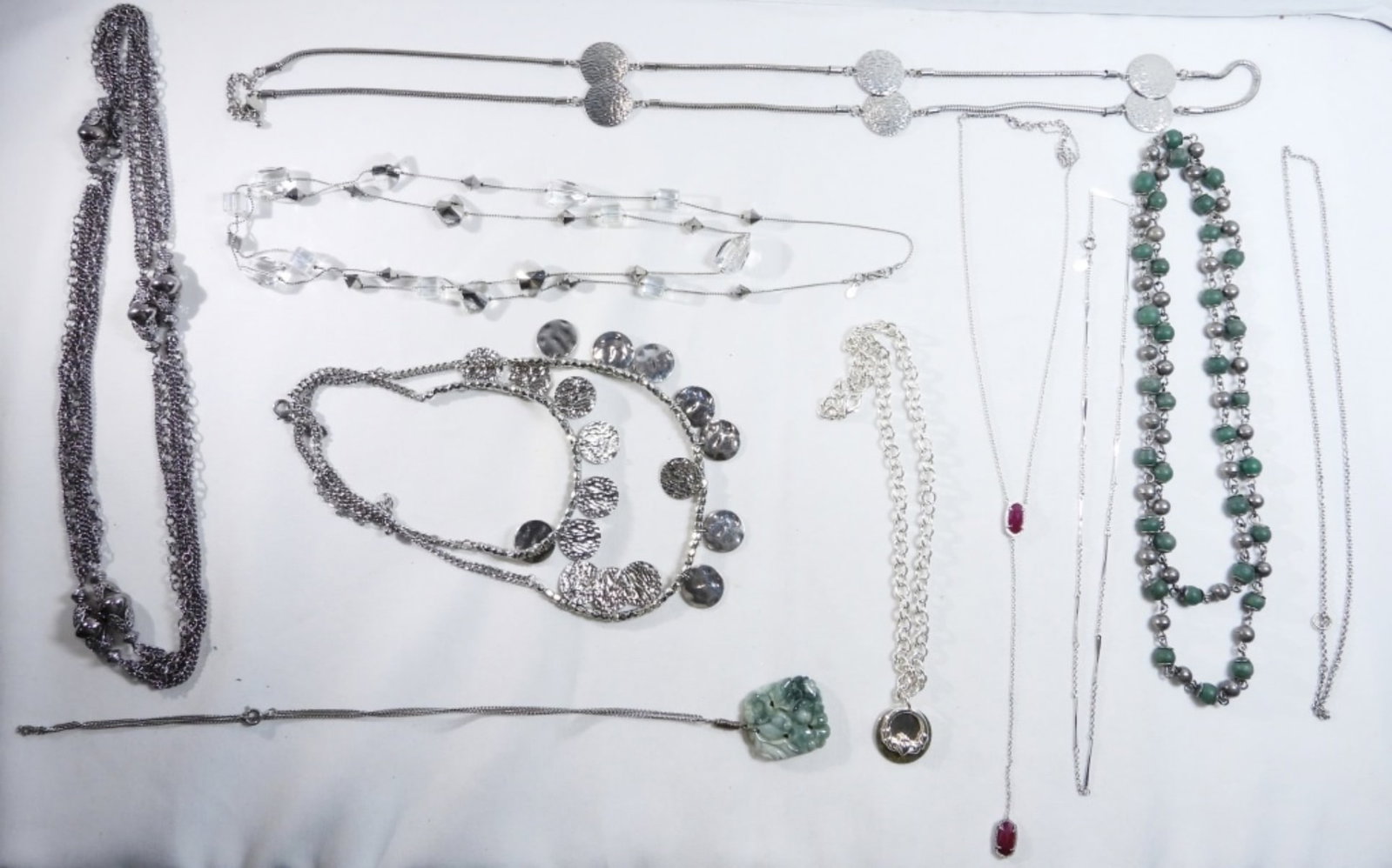 10 Silver Tone Jewelry: 10 necklaces with silver chains and cute charms one with green beads