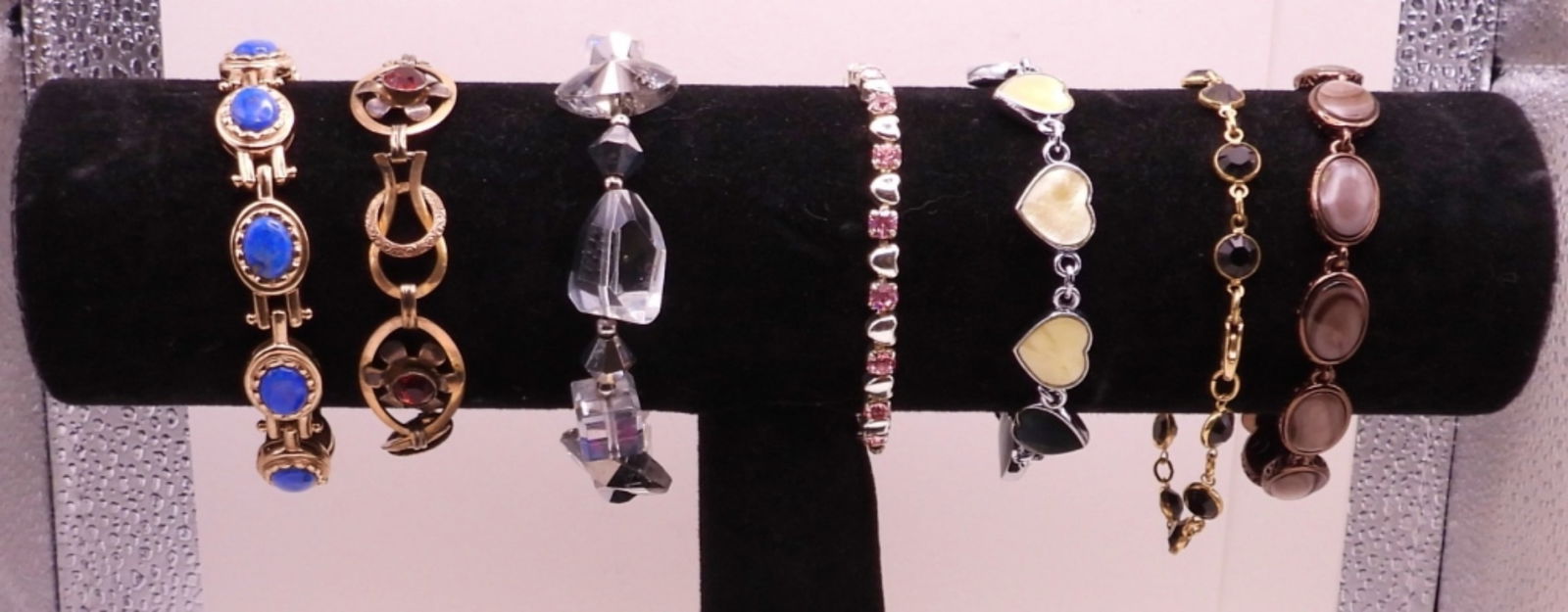 7 Jewel/ Beaded Bracelets: 3 Siler Toned, 3 Gold Toned, 1 Copper Toned