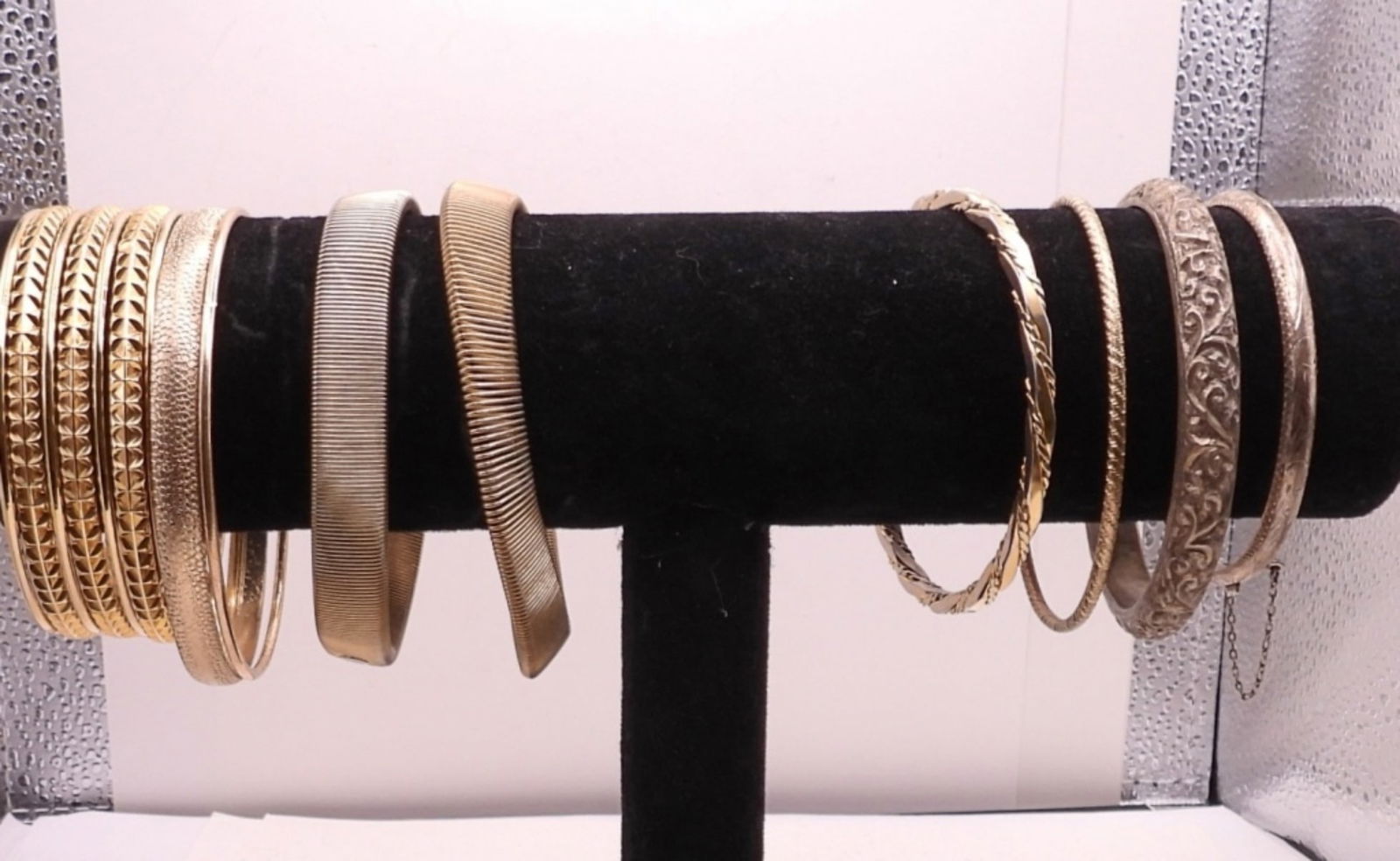 9 Assorted Bangles: All Gold Toned, 1 Set of 2, 1 Bracelet with 8 Attached Pieces
