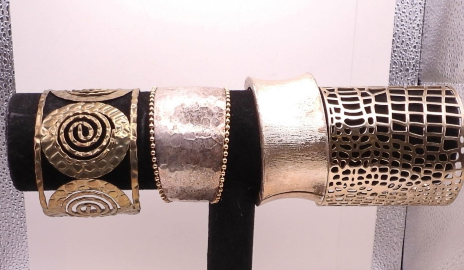 8 Large Cuff Bracelets: 1 W/ Faux Pearls, 5 Silver Toned, 4 Gold Toned