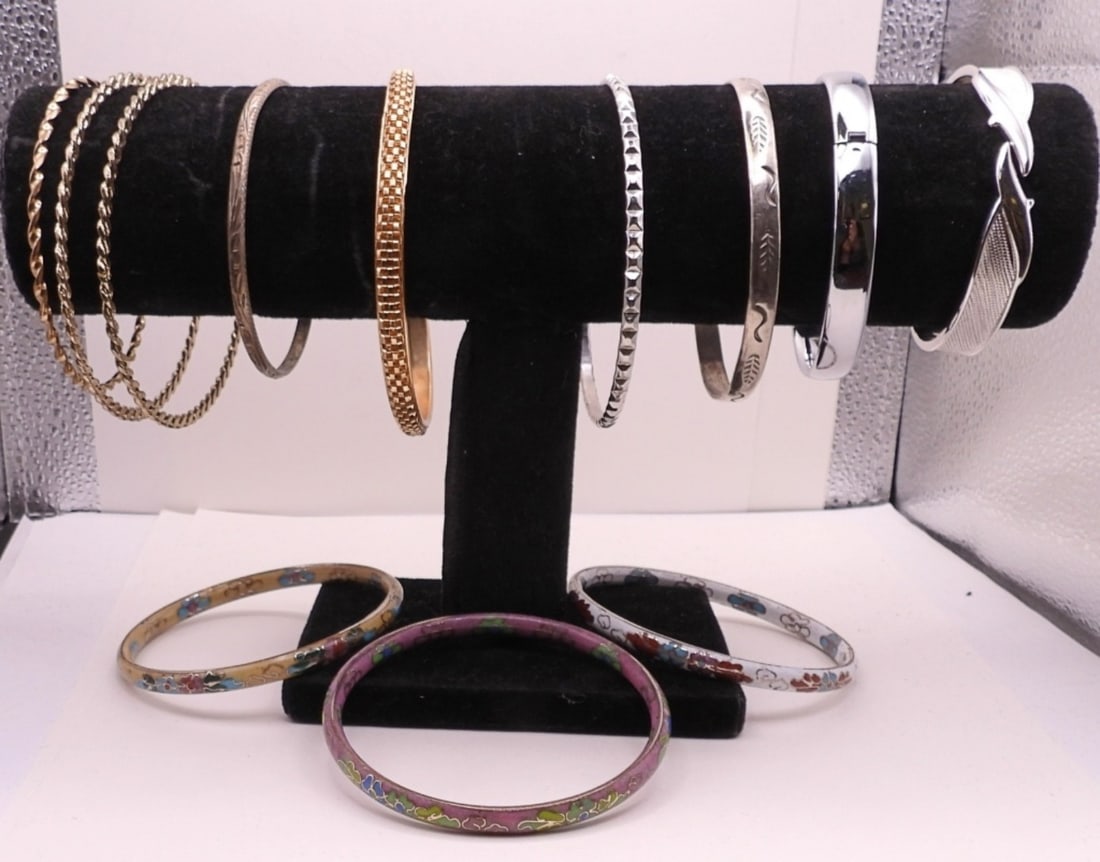 12 Mixed Bangles: Set of 3 Purple, White and Yellow w/ Flowers, 3 Silver Toned, 6 Gold Toned