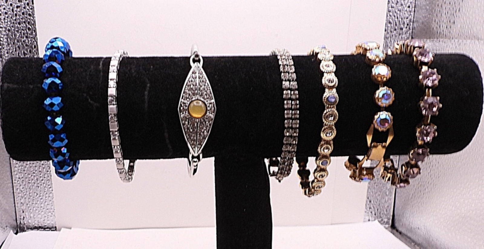 7 Sparkly Bracelets: Assorted Gems, 3 Silver Toned, 3 Gold Toned
