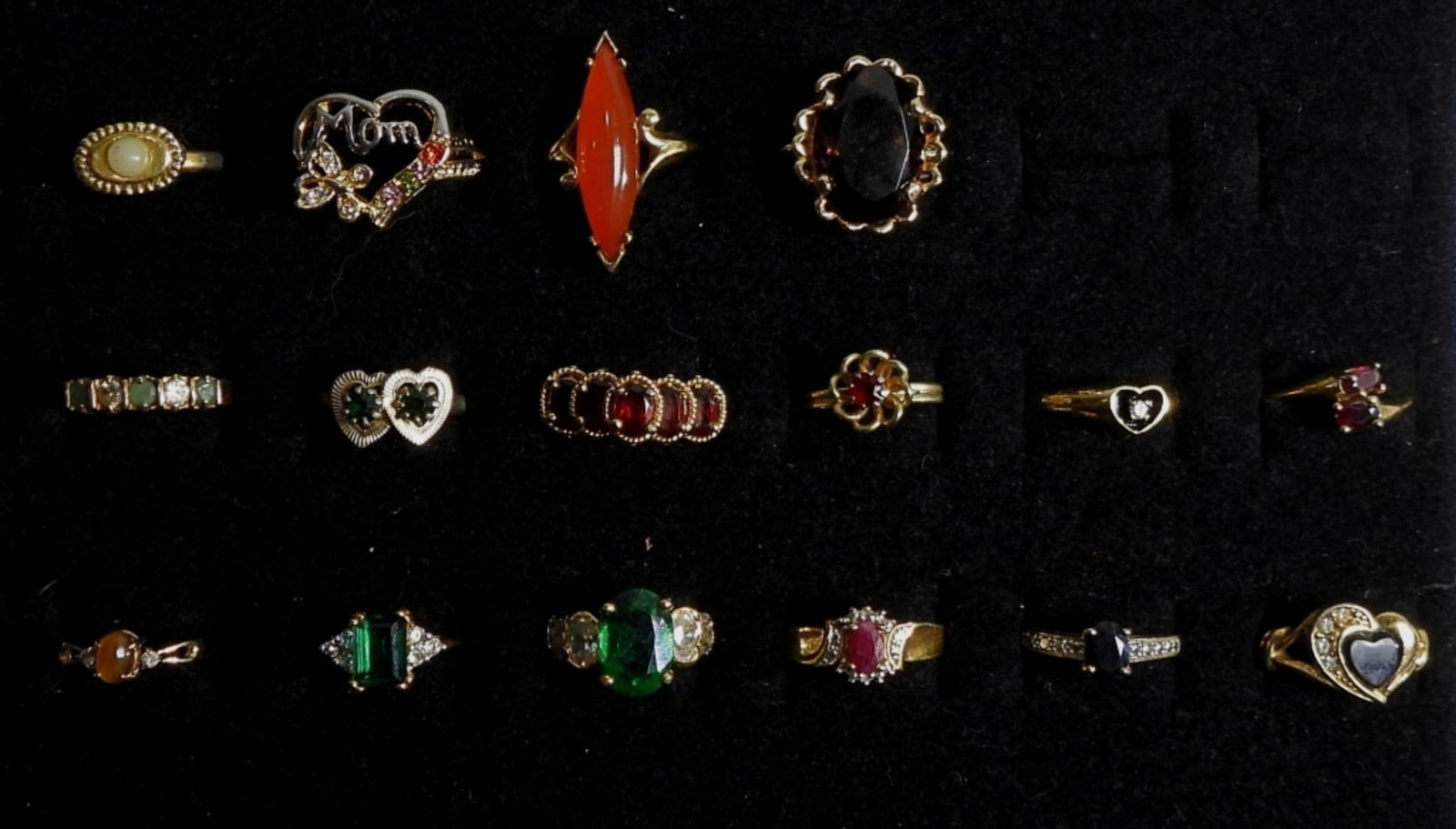 16 Rings With Faux Gems: gold-toned bands, a variety of sizes and styles