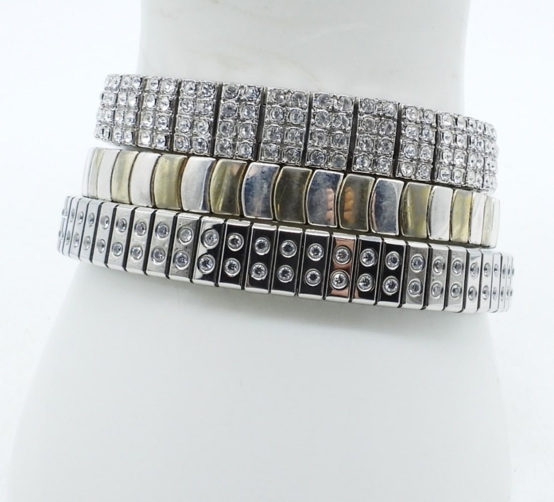 3 Silver Tone Link Bracelets: imitation diamonds on two