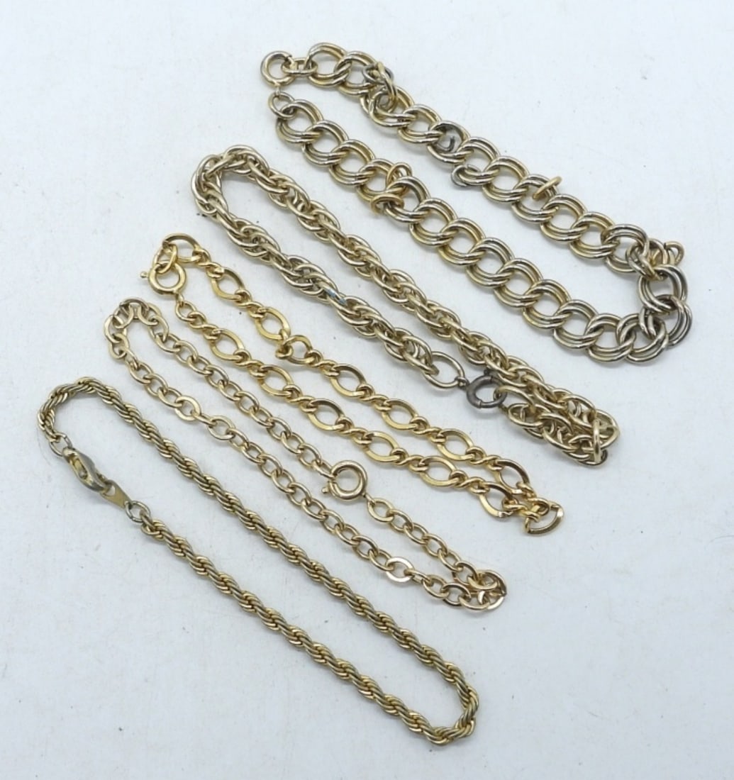 5 Gold Tone Chain Bracelets: various styles of links and lengths