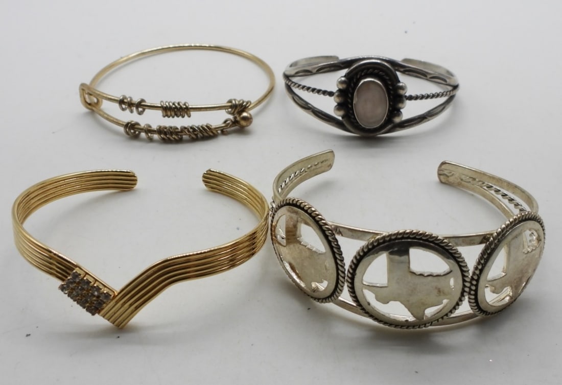 4 Cuff Bracelets: 2 gold tone, 2 silver tone