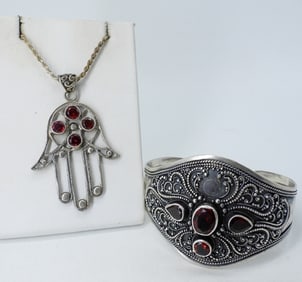 Garnet Hamsa Pendant & 925 Cuff