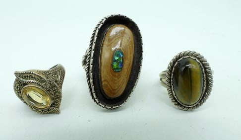 3 Sterling Rings - Opal, Tigers Eye & More