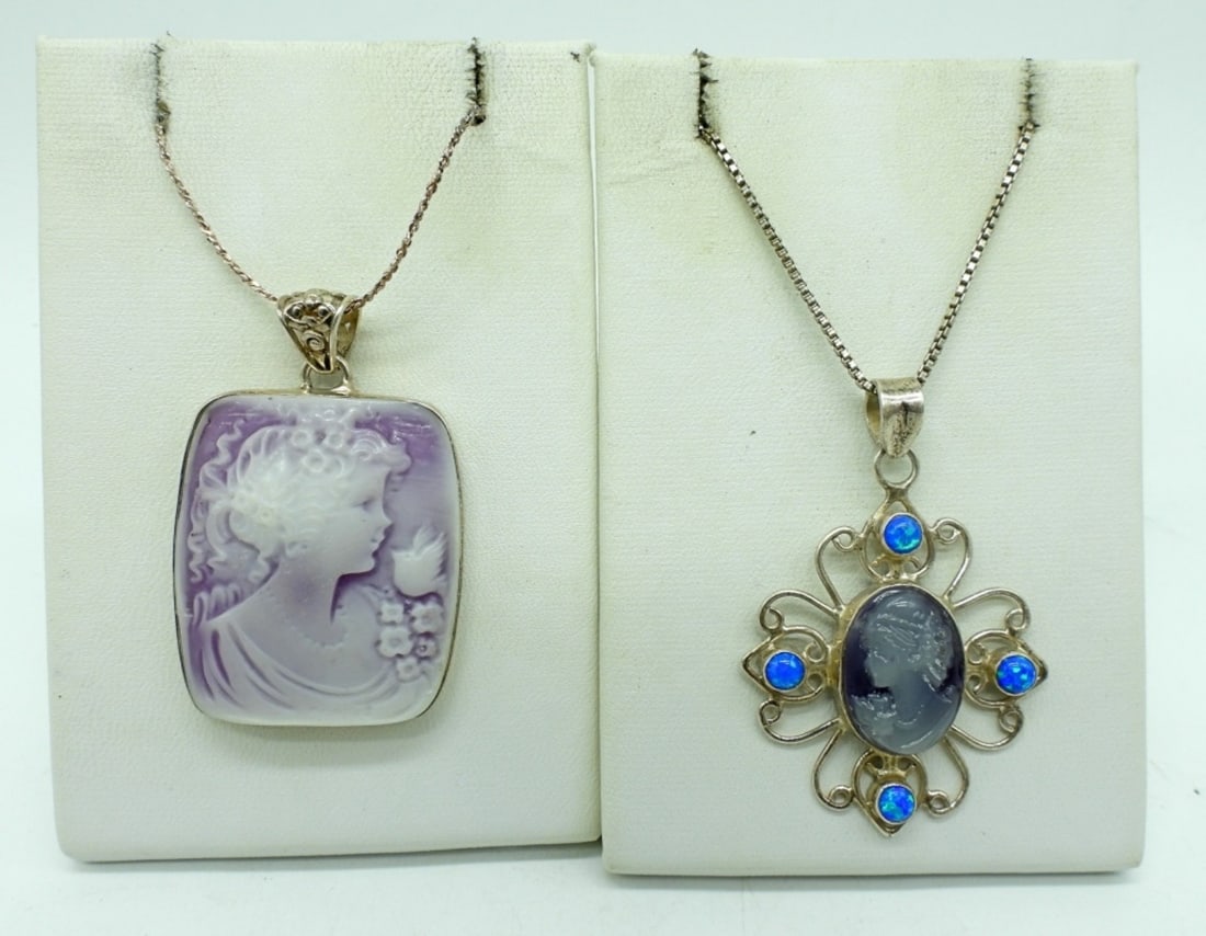 2 Sterling Cameo Necklaces: Two sterling silver cameo necklaces. 20" & 24". (12.4 dwt)
