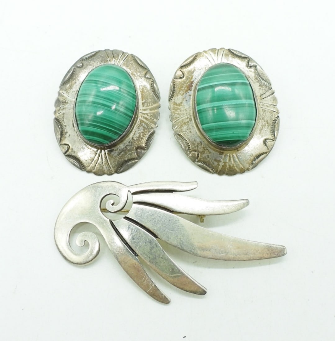 Mexico 925 Malachite Earrings / Pin: Sterling, Mexico Pin & Malachite sterling pierced earrings. No Backings. (22 DWT)