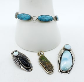 Larimar, Onyx, Opal Sterling Pendants +
