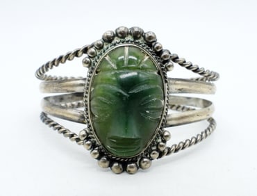 Mexico Jade Mask Silver Cuff Bracelet