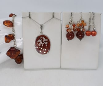 Carnelian, Amber & Cats Eye 925 Jewelry