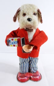 Wind Up Textured Cloth Dog Eating Candy Tin Toy
