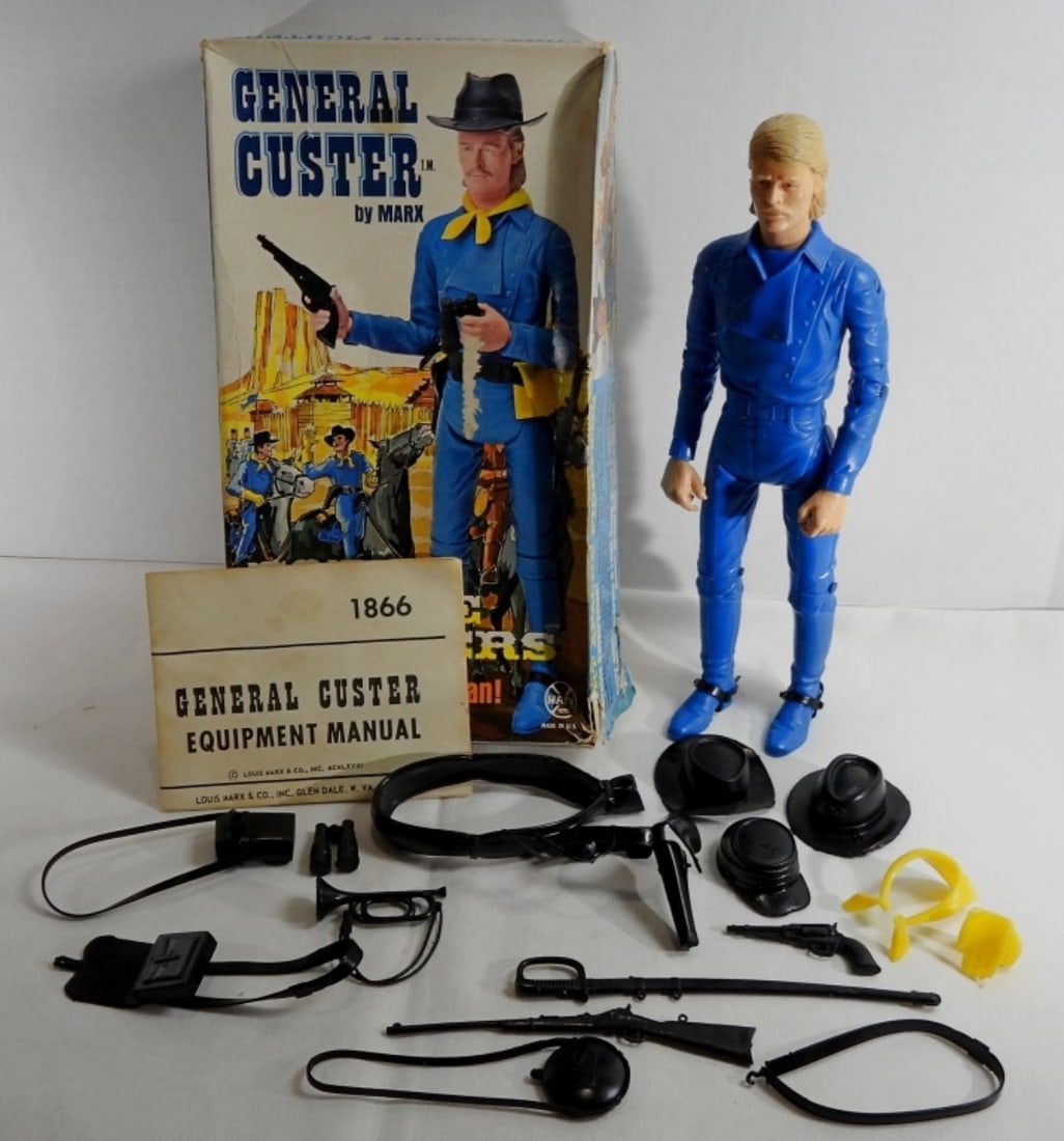 General Custer Complete With Box Marx: 1967-1975 Fort Apache Fighters 1866 series General Custer figure in great condition, fully movable body parts, elbows somewhat stiff, all accessories included, bugle string is broken, gun belt is miss