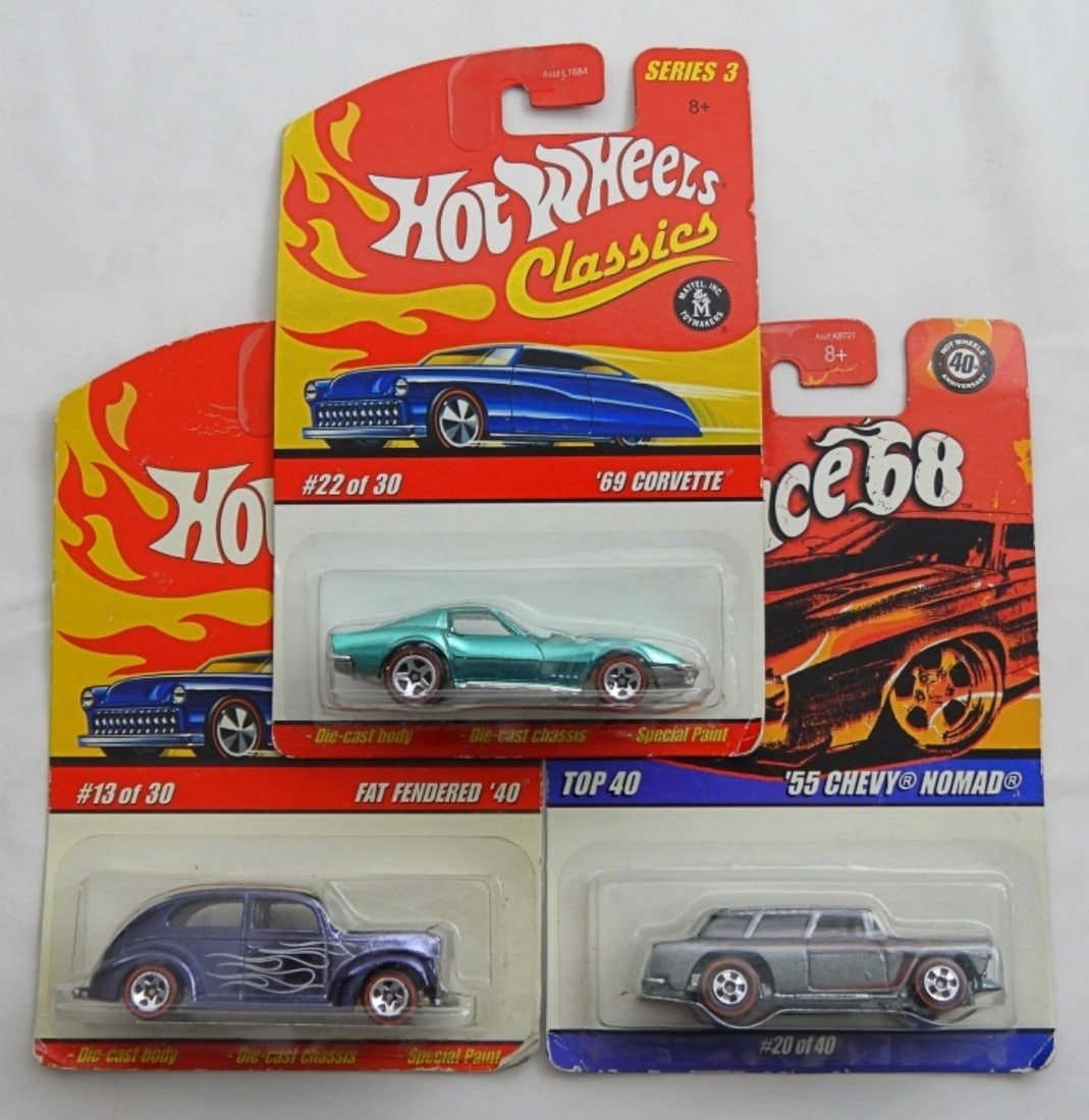 (3) Sealed Hot wheels Classic Cars: 2006 &2007 Hot wheels - 69 CORVETTE, '40 Fat Fendered & '55 Chevy Nomad