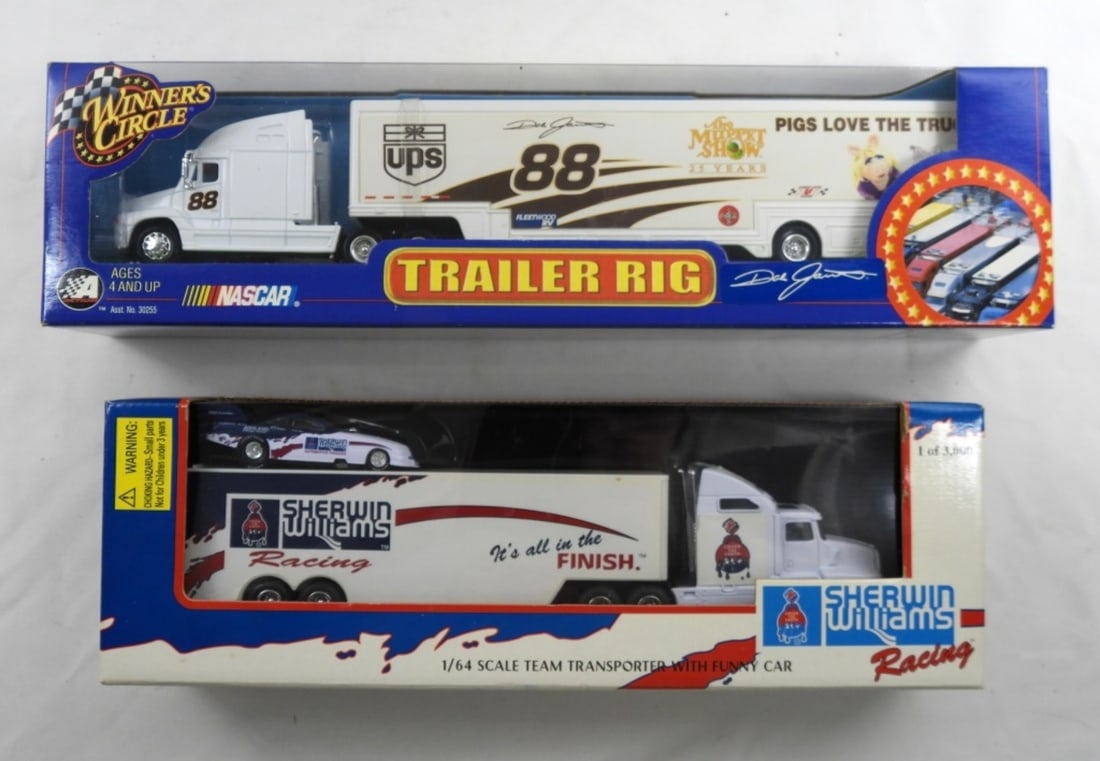 (2) Nascar Transporter Trucks With Car: Both in the original packages. One is UPS and the other is Sherwin Williams.